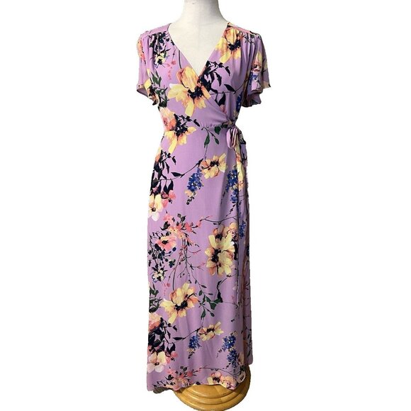 NY & CO Maxi Wrap Dress SP Small Petite Floral Short Flutter Sleeve Washable - Picture 1 of 11